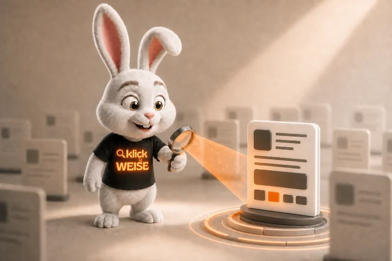 Klickweise-Maskottchen visualisiert Sichtbarkeitsscore in einer eigenständigen Mess- und Analyseszene.